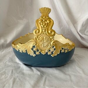 Vintage baroque gold blue ceramic basket home decor midcentury handpainted